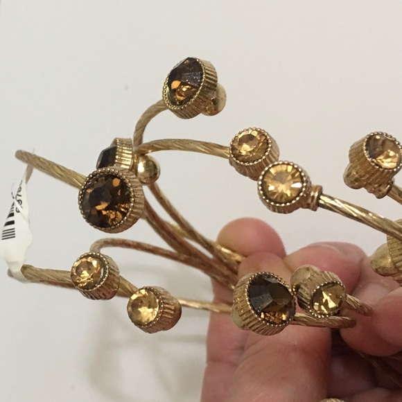 6 Brown/Amber Rhinestone Cable Cuff Gold Bracelets - Picture 5 of 8